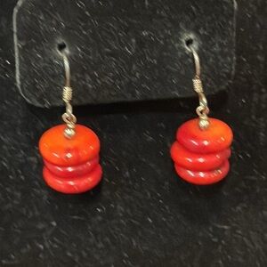 VTG RED Stacked  Coral STONE DANGLE Hook EARRINGS